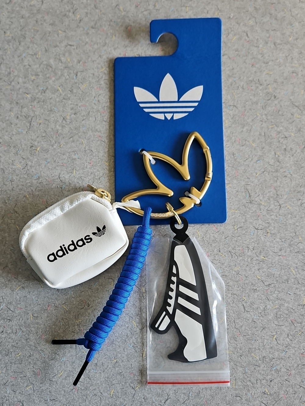 adidas White Mini Pouch Keychain with Blue Paracord and Gold Trefoil